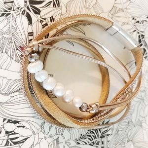 Faux Leather Magnetic Wrap Bracelet with Pearl